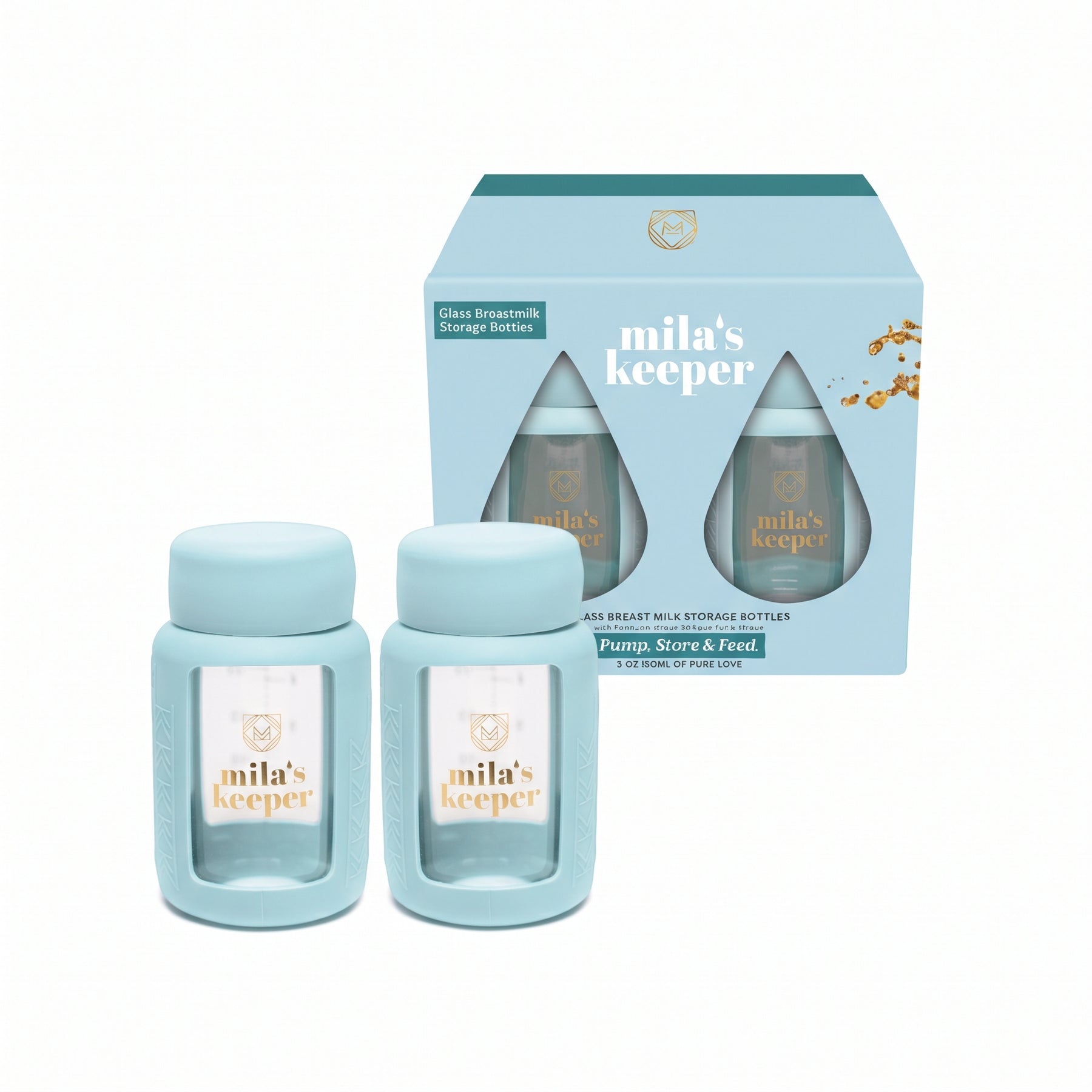 Two glass breast milk storage bottles by Mila's Keeper with light turquoise silicone sleeve and lid made for pumping storing and feeding, fits Spectra pumps and other leading brand pumps.bottles and the box.