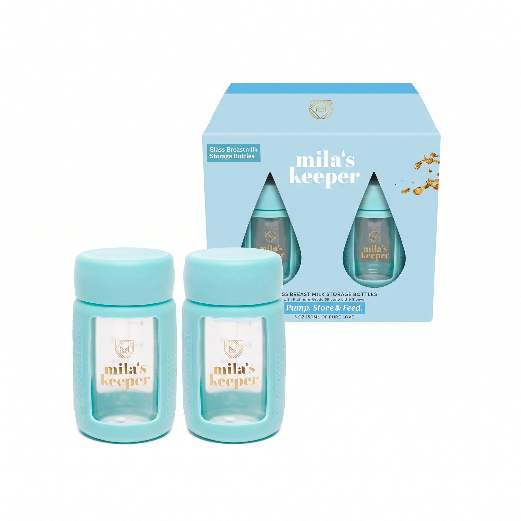 Two glass breast milk storage bottles by Mila's Keeper with light turquoise silicone sleeve and lid made for pumping storing and feeding, fits Spectra pumps and other leading brand pumps.