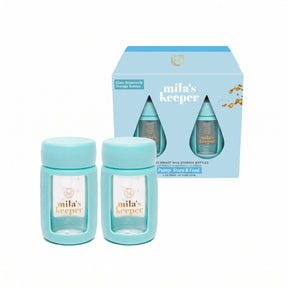 Two glass breast milk storage bottles by Mila's Keeper with light turquoise silicone sleeve and lid made for pumping storing and feeding, fits Spectra pumps and other leading brand pumps.