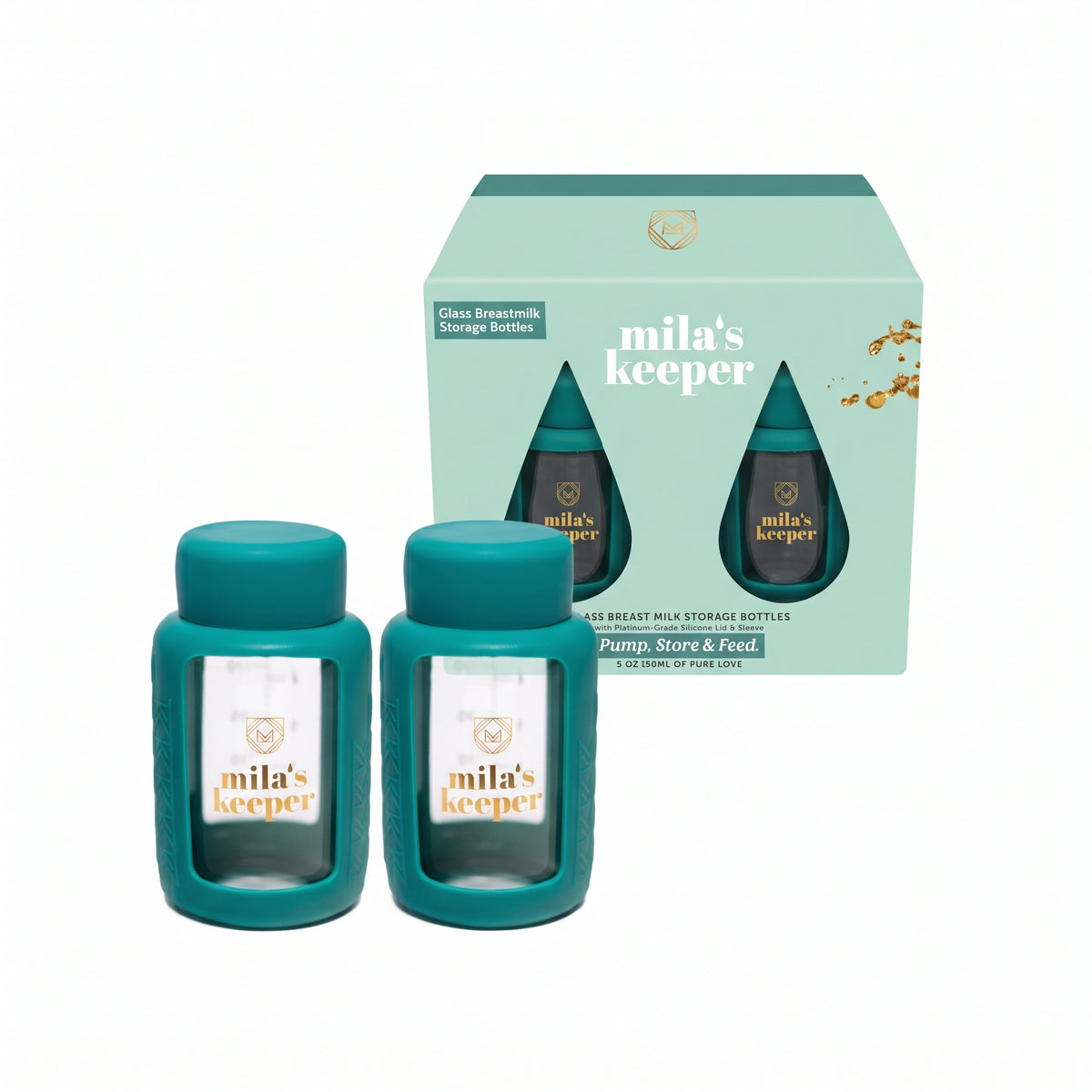 Two green Mila's Keeper glass breastmilk storage containers for pumping storing and feeding, fits Medela pumps and other leading brands.