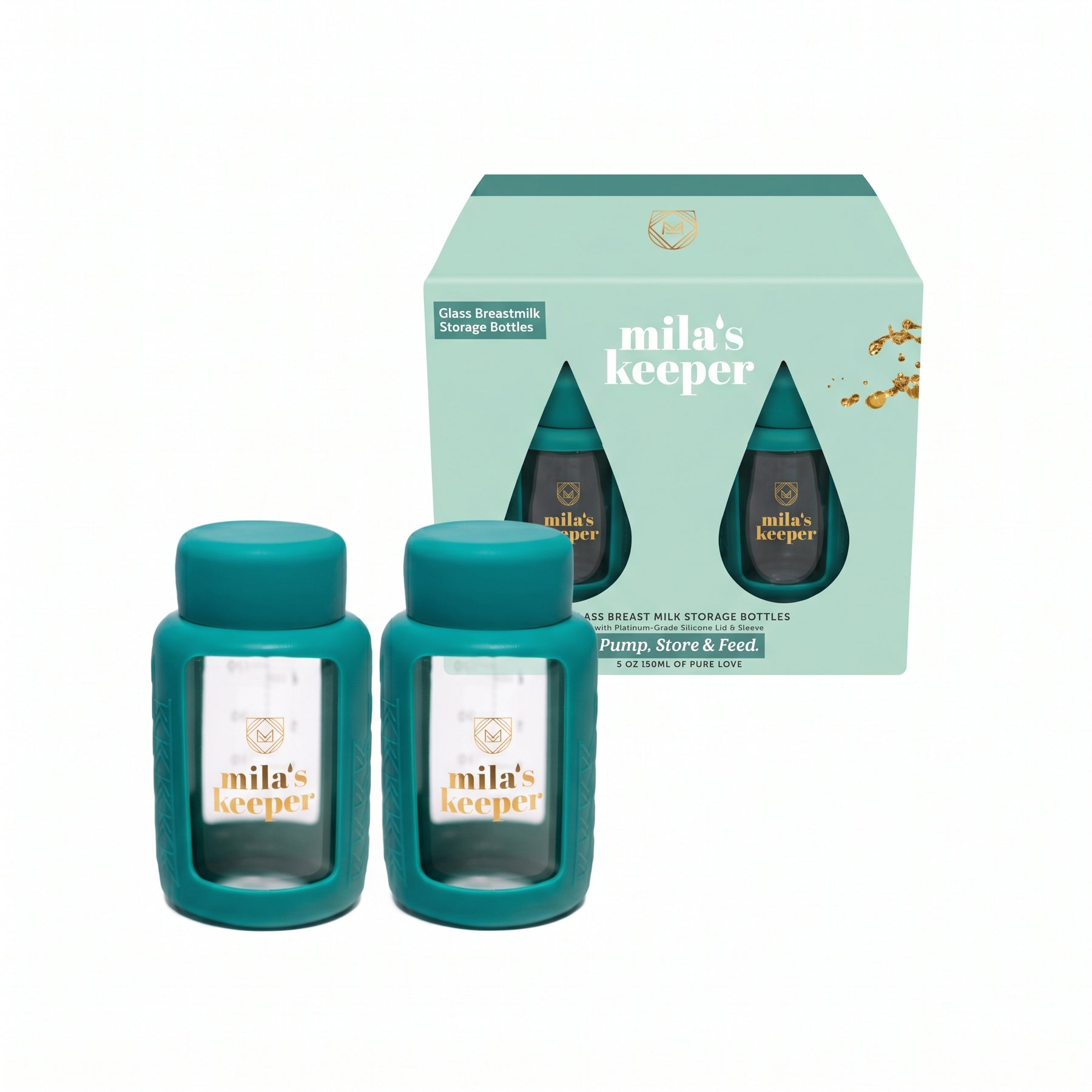 Two green Mila's Keeper glass breastmilk storage containers for pumping storing and feeding, fits Medela pumps and other leading brands.