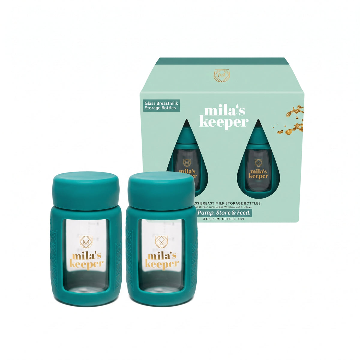 Two green  Mila's Keeper glass breastmilk storage containers for pumping storing and feeding, fits Spectra pumps and other leading brands.