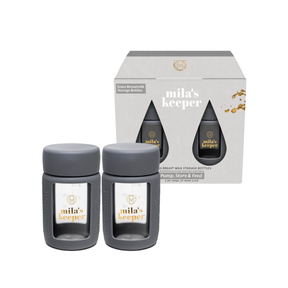 Two dark gray Mila's Keeper glass breastmilk storage containers for pumping storing and feeding, fits Spectra pumps and other leading brands.