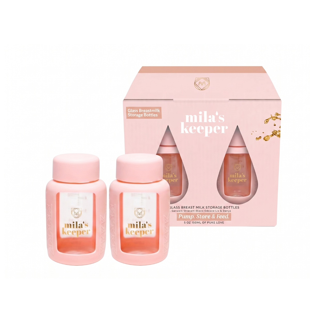 Two pink/peach Mila's Keeper glass breastmilk storage containers for pumping storing and feeding, fits Medela pumps and other leading brands.