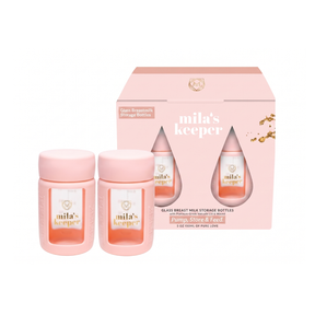 Two pink/peach Mila's Keeper glass breastmilk storage containers for pumping storing and feeding, fits Spectra pumps and other leading brands.