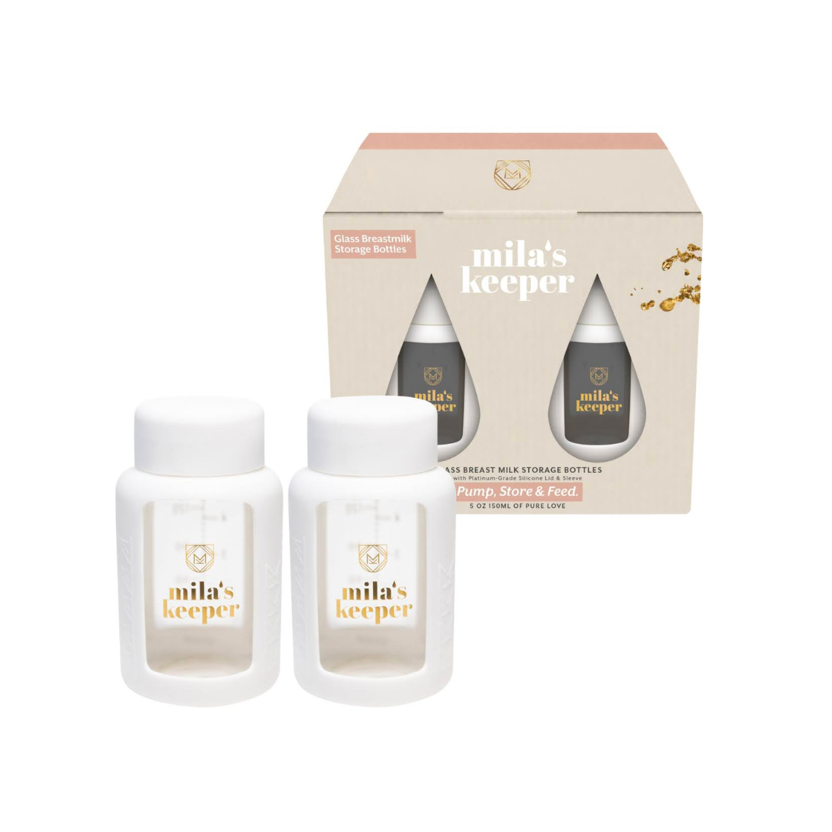 Two white Mila's Keeper glass breastmilk storage containers for pumping storing and feeding, fits Medela pumps and other leading brands.