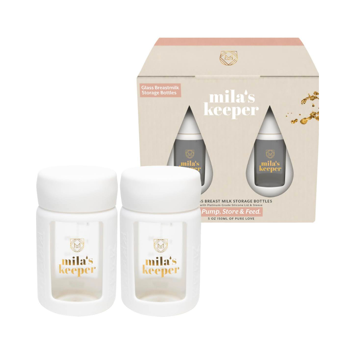 Two white glass breast milk storage containers for pumping storing and feeding, fits Spectra pumps and other leading brands.